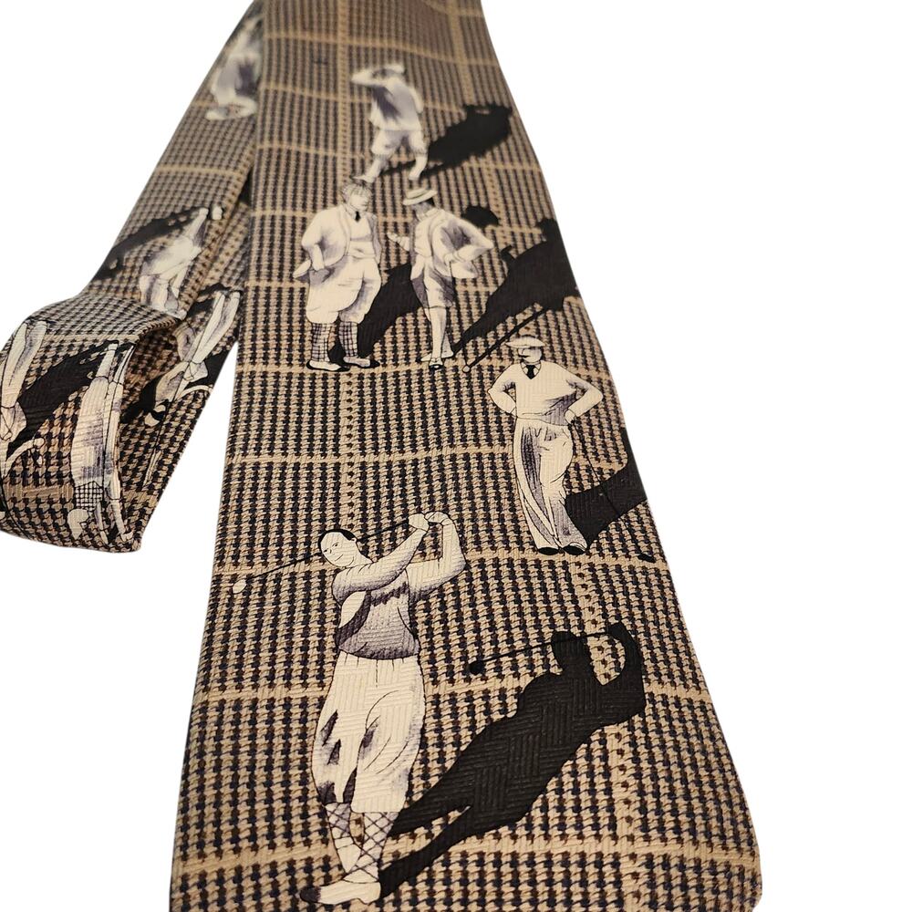 Vtg Pinehurst 100% Silk Tie Graphic 50's Golfers 60"×4" Classic Y2K